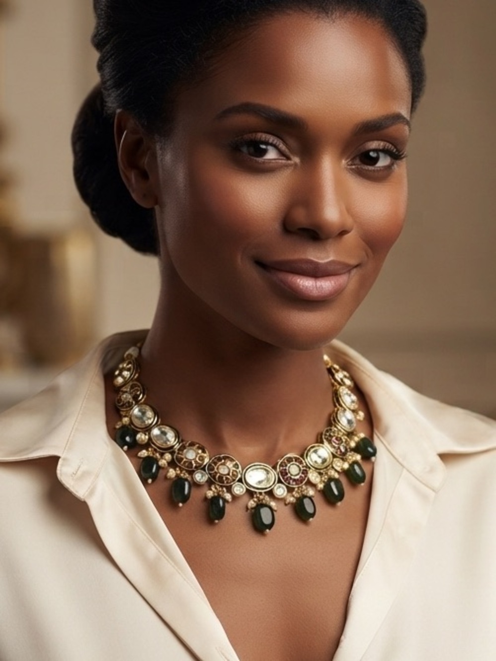 Heritage Vintage Polki Necklace with Deep Green Gemstone Drops - Women Jewelry